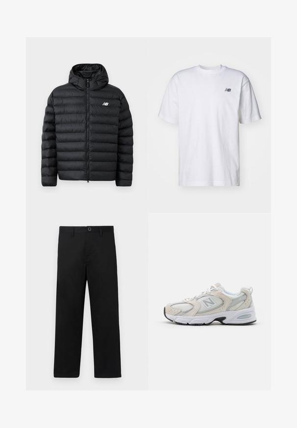 Schwarze Daunenjacke mit Kapuze, Frontreißverschluss, gestepptem Design und New Balance-Logo auf der linken Brust. Glattes, leichtes Material.; Weißes T-Shirt mit kurzen Ärmeln und Rundhalsausschnitt, mit kleinem schwarzen New Balance-Logo auf der linken Brust vor einem einfarbigen Hintergrund.; Schwarze Baumwollhosen mit geradem Schnitt, ausgestattet mit einem regulären Bund, Gürtelschlaufen und einem einzelnen Knopfverschluss. Glatte Textur, ohne Muster.; Sportlicher Schuh mit einem hellgrauen Mesh-Obermaterial und Wildlederakzenten, weißen Schnürsenkeln und einer schwarzen Gummisohle. Auffälliges ABZORB-Dämpfungselement.