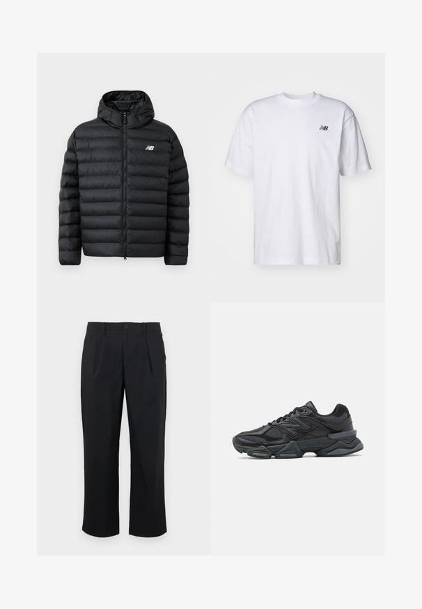 Svart pufferjacka med huva, med dragkedja framtill, kviltad textur och New Balance-logotyp på vänster bröst. Slät, lättviktsmaterial.; Vit kortärmad T-shirt med rund halsringning och en liten svart New Balance-logotyp på vänster bröst, mot en enfärgad bakgrund.; Svarta byxor med rak passform, med veck fram, knappstängning och slät tygstruktur.; Svart löparsko med en kombination av mesh och syntetiska material, kraftig sula, rundad design och framträdande varumärkning på sidan.