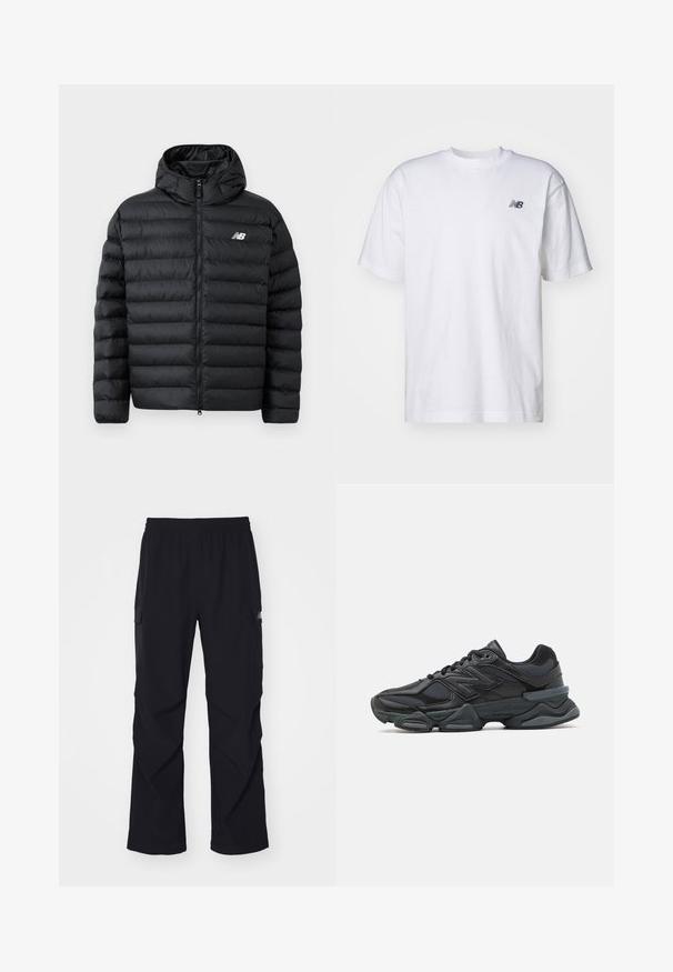 Black puffer jacket with a hood, featuring a zip front, quilted texture, and New Balance logo on the left chest. Smooth, lightweight material.; White short-sleeve crew neck T-shirt with small black New Balance logo on left chest against a plain background.; Black cargo pants made of lightweight material, featuring an elastic waistband, side pockets, and a straight leg design.; Black running shoe featuring a mix of mesh and synthetic materials, chunky sole, curved design, and prominent branding on the side.