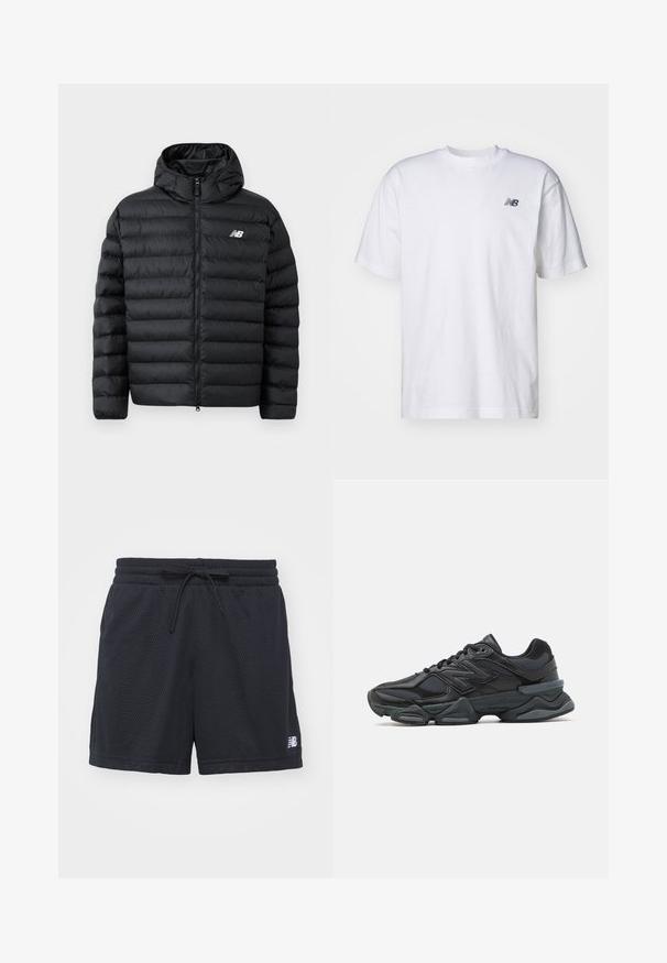 Black puffer jacket with a hood, featuring a zip front, quilted texture, and New Balance logo on the left chest. Smooth, lightweight material.; White short-sleeve crew neck T-shirt with small black New Balance logo on left chest against a plain background.; Black mesh athletic shorts featuring an elastic waistband with drawstring and a small white logo on the lower right side.; Black running shoe featuring a mix of mesh and synthetic materials, chunky sole, curved design, and prominent branding on the side.