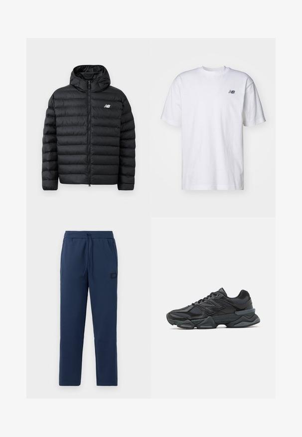 Svart pufferjacka med huva, med dragkedja framtill, kviltad textur och New Balance-logotyp på vänster bröst. Slät, lättviktsmaterial.; Vit kortärmad T-shirt med rund halsringning och en liten svart New Balance-logotyp på vänster bröst, mot en enfärgad bakgrund.; Mörkblå joggerbyxor i mjuk bomullsblandning, med elastisk midja och dragsko samt en liten logotyp på höften.; Svart löparsko med en kombination av mesh och syntetiska material, kraftig sula, rundad design och framträdande varumärkning på sidan.