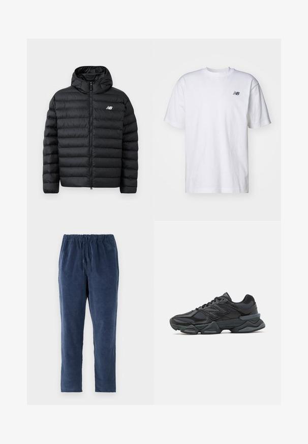 Black puffer jacket with a hood, featuring a zip front, quilted texture, and New Balance logo on the left chest. Smooth, lightweight material.; White short-sleeve crew neck T-shirt with small black New Balance logo on left chest against a plain background.; Navy blue pants with a soft texture, elastic waistband, and straight-leg design. No pockets. Fabric appears slightly brushed.; Black running shoe featuring a mix of mesh and synthetic materials, chunky sole, curved design, and prominent branding on the side.
