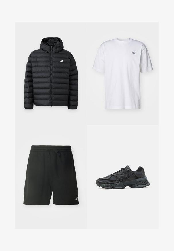 Svart pufferjakke med hette, med glidelås foran, quiltet tekstur, og New Balance-logo på venstre bryst. Glatt, lett materiale.; Hvit kortermet T-skjorte med rund hals og liten svart New Balance-logo på venstre bryst mot en ensfarget bakgrunn.; Svarte bomulls sportsshorts med elastisk midje, justerbar snor, og logo detalj på nedre venstre bein. Glatt tekstur.; Svart løpesko med en blanding av mesh og syntetiske materialer, chunky såle, buet design og fremtredende merkevare på siden.