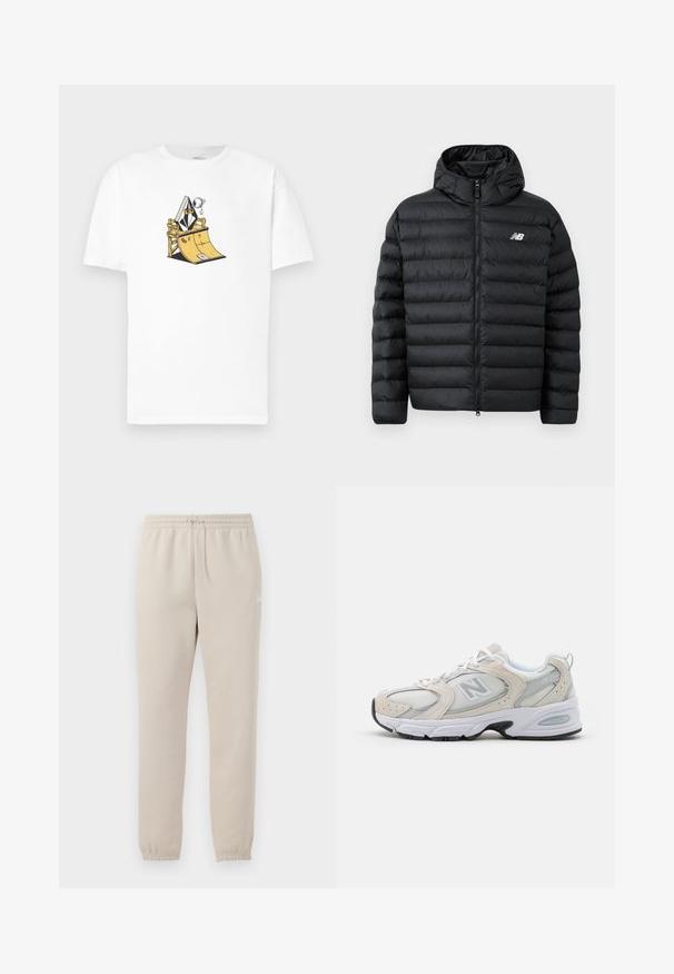 Doudoune noire avec capuche, dotée d'une fermeture éclair à l'avant, d'une texture matelassée et du logo New Balance sur la poitrine gauche. Matière lisse et légère.; T-shirt en coton blanc avec une illustration graphique d'un tremplin de skate et un personnage en costume, souligné de détails noirs et jaunes.; Pantalons de jogging beige clair fabriqués en tissu doux, avec une taille élastique, un cordon de serrage ajustable et des poignets fuselés au niveau des chevilles.; Chaussure de sport avec un dessus en mesh gris clair et des accents en daim, des lacets blancs et une semelle en caoutchouc noire. Détail d'amorti ABZORB remarquable.