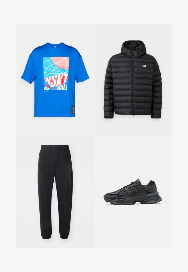 Black puffer jacket with a hood, featuring a zip front, quilted texture, and New Balance logo on the left chest. Smooth, lightweight material.; Blue short-sleeve t-shirt made from a smooth, breathable fabric featuring a graphic print of basketball-related elements and text.; Black sweatpants made of soft material with an elastic waistband, drawstring, and tapered cuffs, featuring a subtle logo on the side.; Black running shoe featuring a mix of mesh and synthetic materials, chunky sole, curved design, and prominent branding on the side.