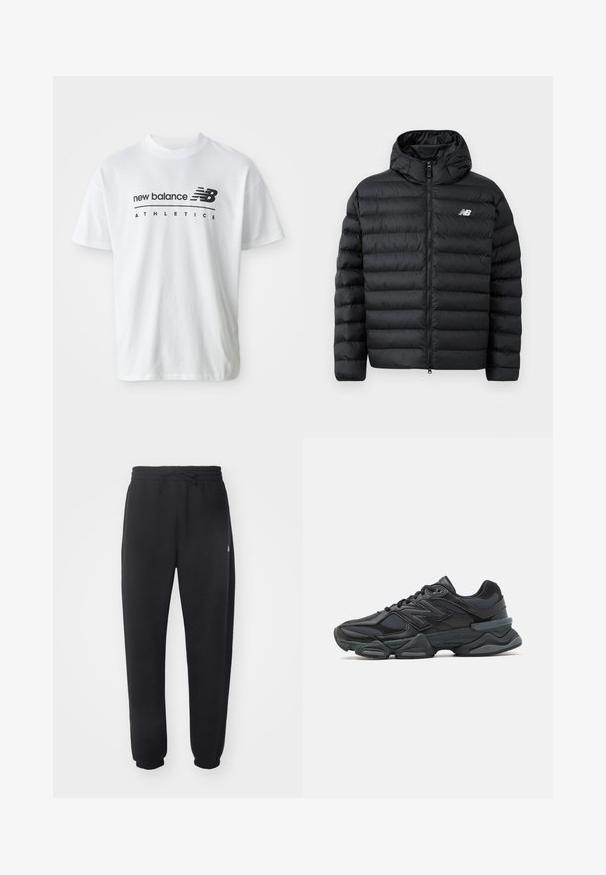 Juodas pūkinis džemperis su gobtuvu, turintis užtrauktuką priekyje, su siuvinėjimu ir "New Balance" logotipu ant kairiojo krūtinės kampo. Sklandžios, lengvos medžiagos.; Balta medvilninė marškinėliai su juodu "new balance" ir "ATHLETICS" tekstu, trumpomis rankovėmis ir apvaliu iškirpimu.; Juodi sportiniai kelniai, pagaminti iš minkštos medžiagos, su elastinga juosmena, raišteliu ir siaurėjantys ties apačia, su subtiliu logotipu šone.; Juodas bėgimo batelis, pagamintas iš tinklinės ir sintetinės medžiagos, turintis stambų pado dizainą, kreivą formą ir ryškią prekės ženklą šone.