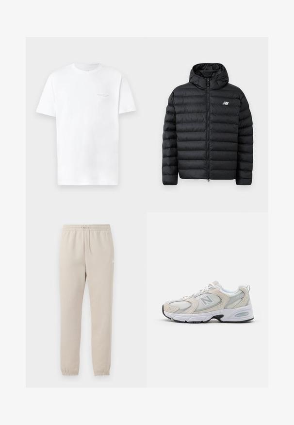 Fekete, kapucnis puffermellény, elöl cipzárral, steppelt textúrával és New Balance logóval a bal mellen. Simább, könnyű anyag.; Fehér pamut póló rövid ujjakkal, kerek nyakkivágással, finom szürke logónyomattal a bal mellrészen és sima textúrával.; Világos bézs színű, puha anyagból készült melegítőnadrág, rugalmas derékrésszel, állítható zsinórral és szűkített szárakkal a bokánál.; Sportcipő, amely világosszürke hálós felsőrésszel és velúr részletekkel rendelkezik, fehér fűzőkkel és fekete gumitalppal. Kiemelkedő ABZORB párnázás részlet.