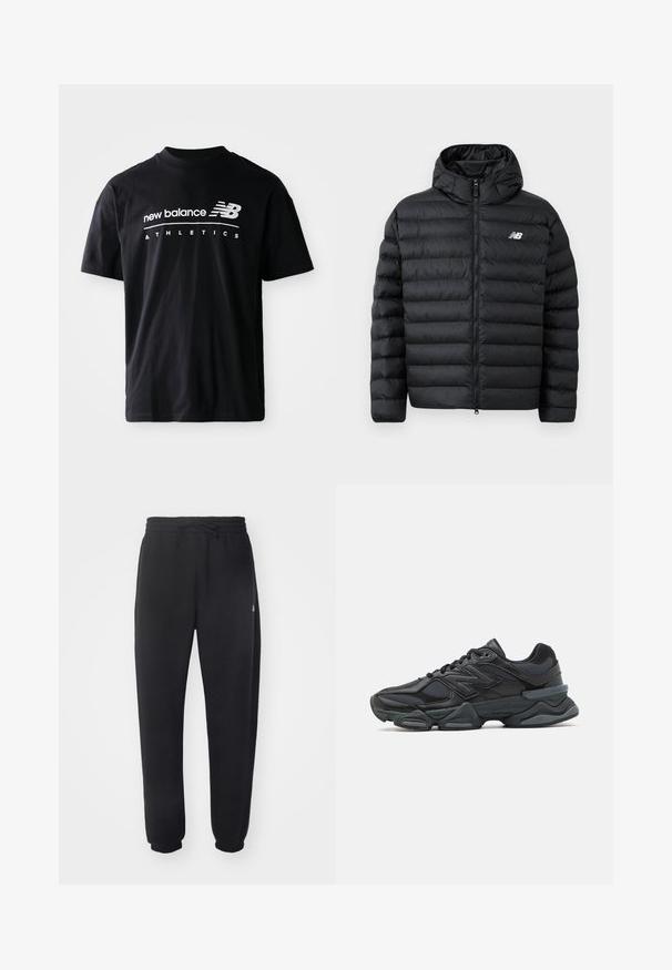 Čierna puffrová bunda s kapucňou, so zapínaním na zips, prešívanou štruktúrou a logom New Balance na ľavej hrudi. Hladký, ľahký materiál.; Čierne bavlnené tričko s okrúhlym výstrihom, krátkymi rukávmi a bielymi nápismi "new balance" a "ATHLETICS" na prednej strane.; Čierne tepláky vyrobené z mäkkého materiálu s elastickým pásom, šnúrkou na stiahnutie a zúženými manžetami, s jemným logom na boku.; Čierna bežecká obuv so zmesou sieťoviny a syntetických materiálov, robustnou podrážkou, zakriveným dizajnom a výrazným logom na boku.