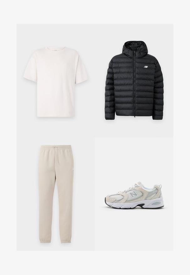 Musthave puffer-jakk mustaga kapuutsiga, millel on lukuga eesmine osa, tikitud tekstuur ja New Balance logo vasakul rinnal. Sile ja kerge materjal.; Valge lühikeste varrukate ja pehmest puuvillast t-särk. Omab ümmargust kaelust ja mugavat lõiget. Sile tekstuur, ilma mustrite või aksessuaarideta.; Kerged beežid dressipüksid, mis on valmistatud pehmest kangast, elastse vöökoha, reguleeritava paelaga ja kitsenevate varrukaotstega.; Sportlik king, millel on helehall võrgust ülemine osa, sametised aktsendid, valged nöörid ja must kummist tald. Silmatorkav ABZORB pehmendusdetail.