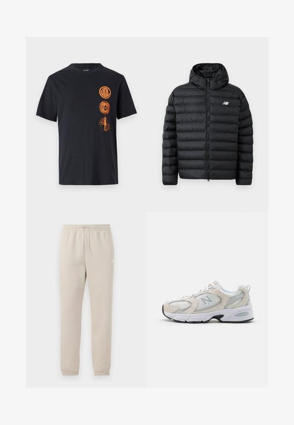 Černá péřová bunda s kapucí, se zipem vpředu, prošívanou texturou a logem New Balance na levé hrudi. Hladký, lehký materiál.; Černé bavlněné tričko s třemi oranžovými grafickými potisky: kulaté designy loga a detailní ilustrace směrem k dolní části. Krátké rukávy.; Světle béžové tepláky vyrobené z měkké látky, s elastickým pasem, nastavitelnou šňůrkou a zúženými manžetami na kotnících.; Atletická obuv s lehkým šedým síťovaným svrškem s semišovými akcenty, bílými tkaničkami a černou gumovou podrážkou. Výrazným detailem je tlumení ABZORB.