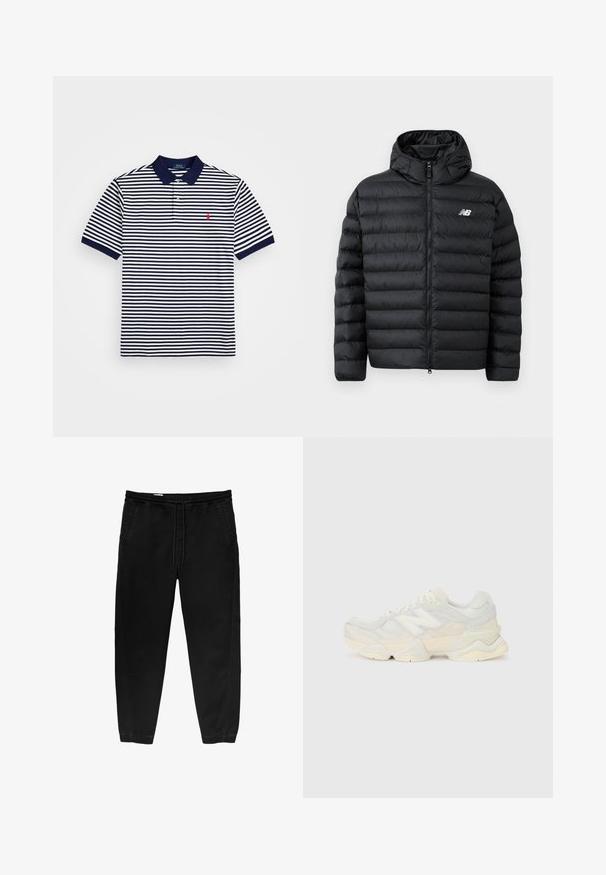 Crni zimski kaput s kapuljačom, s patentnim zatvaračem sprijeda, ušivanim uzorkom i New Balance logotipom na lijevoj strani prsnog koša. Glatki, lagani materijal.; Prugasta polo majica od mekog materijala, s mornarsko plavim i bijelim horizontalnim prugama, tri gumba i malim crvenim logotipom.; Crne hlače s elastikom u struku i vezicom, sužene nogavice, bočne džepove i suptilne detalje šivanja s strane. Mekana pamučna tkanina.; Lagana tenisica s gornjim dijelom od mrežice i antilopa u blagim krem tonovima, srobustnom potplatom i trodimenzionalnim detaljima.