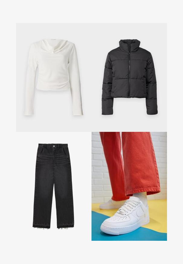 Melnā īsā pūkā, augsts apkakle, priekšējais rāvējslēdzis un horizontālie šuvju raksti. Izgatavots no kviltota, viegla materiāla.; Balts garām piedurknēm tops ar drapēta cowl tipa dekoltē, ar tekstūru audumu un īsu siluetu, bez redzamām detaļām vai rakstiem.; Melni džinsu bikses ar taisnas kājas dizainu. Iespējas ar augstu jostu, nokaltušiem malu galiem un smalku izbalējušu tekstūru visā virsmā. Iekļautas priekšējās kabatas.; Baltās ādas kedas ar perforētu purngalu, teksturētu zoli un baltām auklām, apvienotas ar platām sarkanām biksēm un zilu un dzeltenu fona.