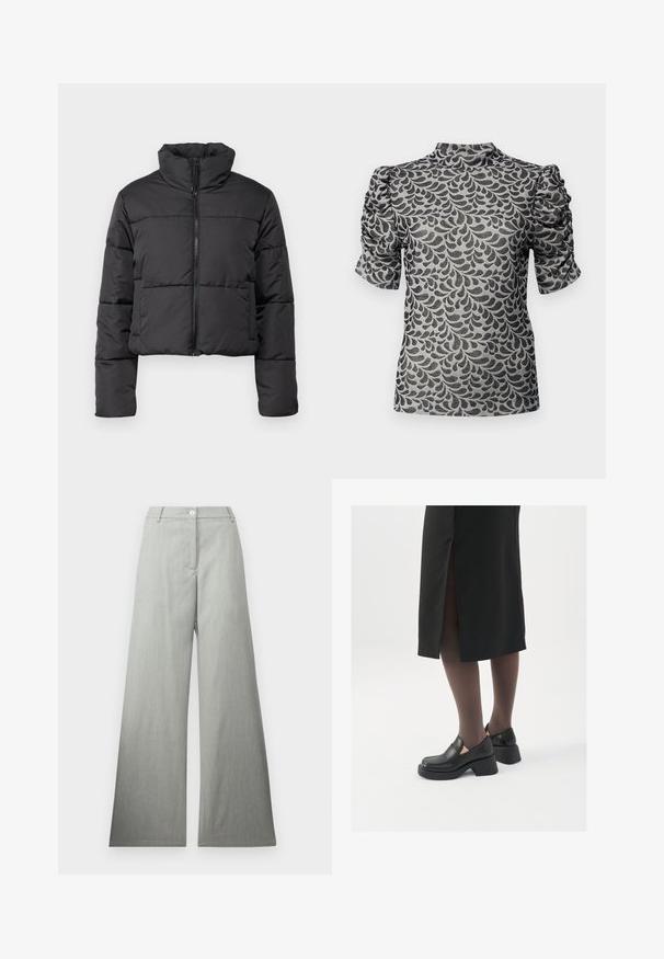 Črna skrajšana puhovka z visokim ovratnikom, sprednjim zadrgo in horizontalnimi šivi. Narejena iz prešitega, lahkega materiala.; Majica s kratkimi rokavi iz sive tkanine z vzorcem črnih listov. Ima visok ovratnik in nabirane rokave, kar ustvarja teksturiran dizajn.; Svetlo sivi široki hlače iz teksturiranega materiala, z zapiranjem spredaj na gumb in čistim, ravnim pasom. Brez vidnih vzorcev ali dodatkov.; Črne usnjene čevlje s zaobljenim prstom, debelim blokastim petama in elastičnimi stranskimi detajli, v kombinaciji s temno nogavicami in črno krilo z razporkom.