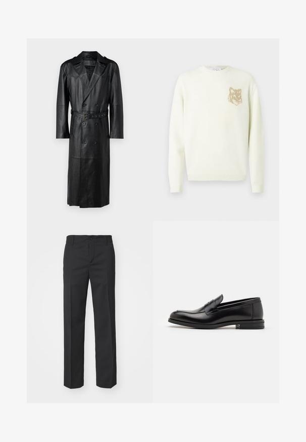 Cappotto trench in pelle nera con design doppiopetto, vita con cintura e spalline. Texture liscia e lunghezza al ginocchio.; Maglione crema a girocollo con maniche lunghe e piccola grafica di testa di volpe beige a sinistra sul petto, polsini e orlo a costine.; Filippa K TROY TROUSERS - Pantaloni - black; Mocassini neri in pelle con una texture liscia, punta arrotondata e una striscia decorativa sulla tomaia. Tacco basso impilato, design minimalista.