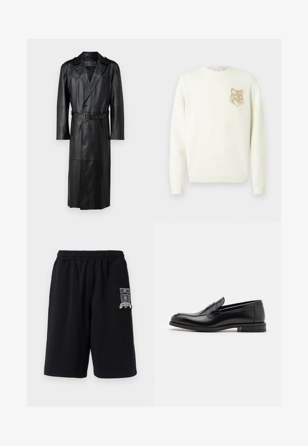 Fekete bőr trench kabát, dupla gombolású kialakítással, övvel ellátott derékkal és vállpántokkal. Simább textúrájú, térd hosszúságú.; Világos krém színű crewneck pulóver hosszú ujjakkal, bal mellrészen egy kis bézs színű rókafej grafikával, bordás mandzsettákkal és aljjal.; Fekete pamut rövidnadrág elasztikus derékkal, oldalsó zsebekkel és díszítő folttal, amelyen a "Szeretet & Igazság" felirat található a bal lábon.; Fekete bőr loaferek sima textúrával, kerek orral és dekoratív pánttal a vampnál. Alacsony, rétegelt sarkú, minimalista dizájn.
