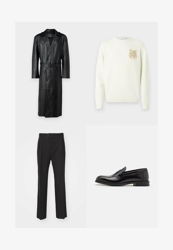 Black leather trench coat with a double-breasted design, belted waist, and shoulder epaulettes. Smooth texture and knee-length.; Cream crewneck sweater with long sleeves and small beige fox head graphic on the left chest, ribbed cuffs and hem.; Black tailored trousers featuring a straight leg design, two front pockets, and a double-button closure at the waistband. Smooth fabric texture.; Black leather loafers with a smooth texture, rounded toe, and a decorative strap across the vamp. Low stacked heel, minimalist design.