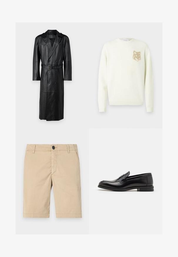 Fekete bőr trench kabát, dupla gombolású kialakítással, övvel ellátott derékkal és vállpántokkal. Simább textúrájú, térd hosszúságú.; Világos krém színű crewneck pulóver hosszú ujjakkal, bal mellrészen egy kis bézs színű rókafej grafikával, bordás mandzsettákkal és aljjal.; Vászonból készült khaki rövidnadrág. Jellemzői: cipzáras záródás, gombos zár, elülső zsebek, varrott varratok és lapos elülső dizájn.; Fekete bőr loaferek sima textúrával, kerek orral és dekoratív pánttal a vampnál. Alacsony, rétegelt sarkú, minimalista dizájn.