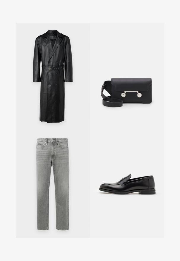 Musta nahkatrenssi, jossa on kaksirivinen malli, vyöllinen vyötärö ja olkavaljaat. Sileä rakenne ja polveen ulottuva pituus.; Kermakoolne kootud sviiter polo kaelusega, ribadega mansetid ja äär, esipaneeliga ja pehme tekstuuriga.; Harmaat farkut, joissa on suora lahje, klassinen viiden taskun muotoilu ja hienovarainen haalistuminen rakenteen lisäämiseksi. Vakiokokoinen vetoketjukiinnitys.; Mustat nahkakengät, joissa on sileä pinta, pyöreä kärki ja koristeellinen nauha jalkapöydän yli. Matala pinoitu koroke, minimalistinen muotoilu.; Mustan nahkainen olkalaukku, jossa on läppäkiinnitys, hopeanväriset yksityiskohdat ja kaksi pyöreää koristetta. Varustettu irrotettavalla hihnalla. Sileä pinta.