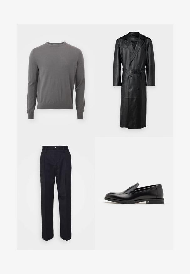 Manteau trench en cuir noir avec un design croisé, taille ceinturée et épaulettes. Texture lisse et longueur genoux.; Tiger of Sweden CONNOR - Pullover - pavement; Pantalons noirs ajustés avec une coupe droite, en tissu lisse, dotés d'une fermeture à bouton sur le devant et de deux poches latérales.; Mocassins en cuir noir avec une texture lisse, bout rond et une sangle décorative sur le dessus. Talon bas empilé, design minimaliste.