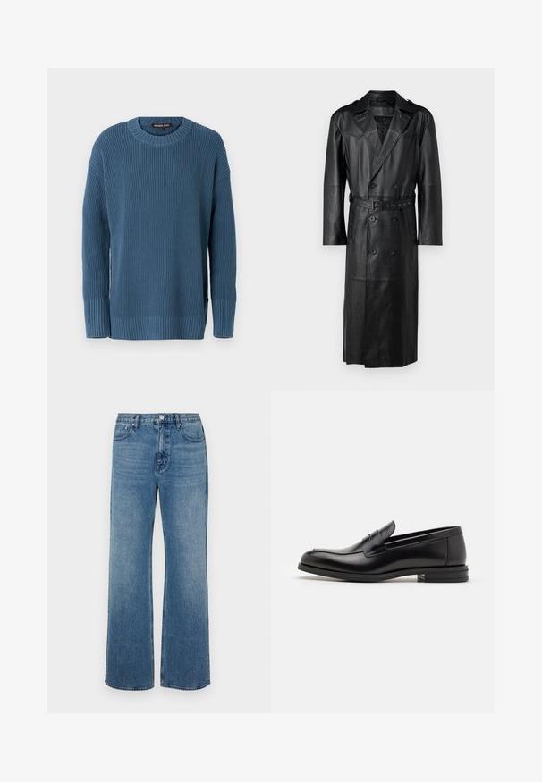 Schwarzer Leder-Trenchcoat mit einem doppelt knöpfbaren Design, tailliertem Gürtel und Schulterklappen. Glatte Textur und knielang.; Blauer gestrickter Pullover mit Rundhalsausschnitt, langen Ärmeln sowie gerippten Bündchen und Saum. Verfügt über ein strukturiertes Muster und ein Logotag an der Seite.; Weite blaue Jeans aus Denim mit einem verblassten Finish. Verfügt über fünf Taschen, einen Frontknopfverschluss und einen geraden Schnitt.; Schwarze Lederloafers mit glatter Textur, rundem Zehenbereich und einem dekorativen Riemen über dem Vorderfuß. Niedriger, gestapelter Absatz, minimalistisches Design.