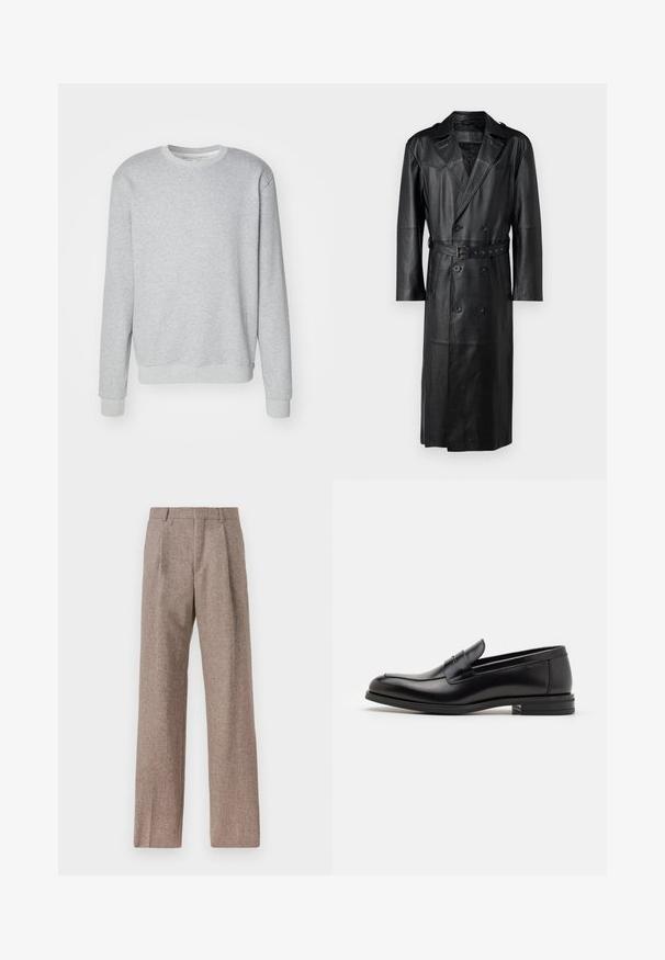 Cappotto trench in pelle nera con design doppiopetto, vita con cintura e spalline. Texture liscia e lunghezza al ginocchio.; Felpa grigia chiara in morbido cotone, con collo rotondo, maniche lunghe e polsini e orlo a costine. Design semplice e dal fit rilassato.; Camicia bianca a maniche lunghe con bottoni, realizzata in cotone, caratterizzata da una tasca sul petto con ricamo tonale, colletto e polsini con bottoni.; Pantaloni marroni a vita alta realizzati in tessuto testurizzato. Presentano gambe ampie e due pieghe frontali per struttura. Rifinitura curata senza hardware visibile.; Mocassini neri in pelle con una texture liscia, punta arrotondata e una striscia decorativa sulla tomaia. Tacco basso impilato, design minimalista.