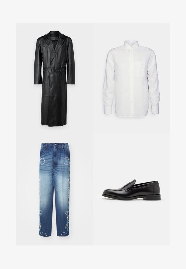 Manteau trench en cuir noir avec un design croisé, taille ceinturée et épaulettes. Texture lisse et longueur genoux.; Chemise blanche à manches longues en coton, avec un col à rabat, une poche avant et une coupe régulière. Tissu texturé avec une surface lisse.; Jeans en denim bleu à jambes larges avec un lavage décoloré, une délicate broderie florale bleue et des embellissements en argent décoratifs sur les poches.; Mocassins en cuir noir avec une texture lisse, bout rond et une sangle décorative sur le dessus. Talon bas empilé, design minimaliste.