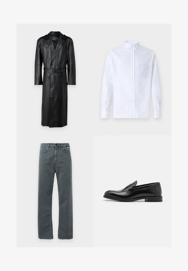 Caban din piele neagră, cu un design cu două rânduri de nasturi, talie cu curea și epauleți pe umeri. Textură netedă și lungime până la genunchi.; Cămașă albă cu mânecă lungă, din bumbac, prevăzută cu un buzunar pe piept cu broderie tonală, guler și manșete cu buton.; Blugi din denim gri cu o croială drept, cinci buzunare și închidere cu nasture. Oferă o broderie subtilă și un design clasic, minimalist.; Mocasini din piele neagră cu o textură netedă, vârf rotund și o curea decorativă peste partea superioară. Toc mic, design minimalist.