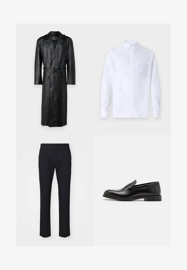 Black leather trench coat with a double-breasted design, belted waist, and shoulder epaulettes. Smooth texture and knee-length.; White long-sleeve button-up shirt made of cotton, featuring a chest pocket with tonal embroidery, a collar, and button cuffs.; Navy trousers in a tailored cut, made from smooth fabric. Features a flat front, belt loops, and straight legs with a clean hem.; Black leather loafers with a smooth texture, rounded toe, and a decorative strap across the vamp. Low stacked heel, minimalist design.