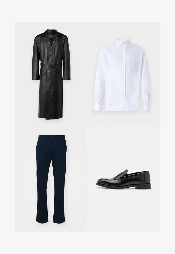 Juodas odinis ilgas paltas su dvigubu įdėklu, diržo juosmens ir petiniais. Lygus paviršius ir iki kelių.; Balta ilga rankovė mygtukų marškiniai, pagaminti iš medvilnės, su krūtine kišene ir toniniu siuvinėjimu, apykakle ir mygtukų apvadu.; Tamsiai mėlynos kelnės, pagamintos iš lengvos medžiagos. Turi tiesią kojos formą, vieną mygtuką užsegimui ir minimalistinius siūlus.; Juodos odinės loafers, turinčios lygų paviršių, apvalią noselę ir dekoratyvinę juostą per priekinę dalį. Žemas krentantis kulnas, minimalistinis dizainas.