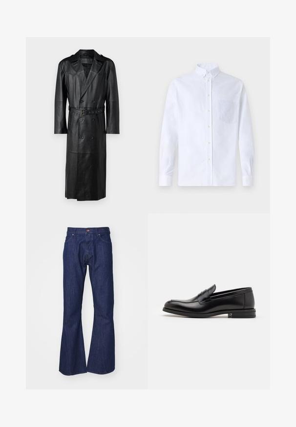 Svart läder trench coat med dubbelknäppt design, bälte i midjan och axelremmar. Slät textur och knälång.; Vit långärmad skjorta med knappar, tillverkad av bomull, med en bröstficka med ton-i-ton broderi, krage och knappmanchetter.; Tiger of Sweden HELIXX - Jeans bootcut - midnight blue; Svarta läderloafers med en slät yta, rund tå och ett dekorativt band över främre delen. Låg staplad klack, minimalistisk design.