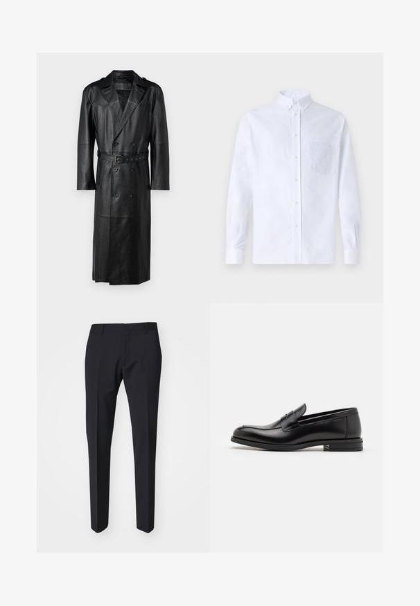 Μαύρο δερμάτινο παλτό με διπλό κούμπωμα, ζώνη στη μέση και επικαθήμενους ώμους. Λείο υφή και μήκος μέχρι το γόνατο.; Λευκό πουκάμισο με μακρύ μανίκι, φτιαγμένο από βαμβάκι, με τσέπη στο στήθος με τονικό κέντημα, γιακά και κουμπιά στους μανικέτες.; Σκούρα ναυτικά παντελόνια με κομψή γραμμή. Κατασκευασμένα από λεία, υφασματοποιημένη ύλη, διαθέτουν flat front, θηλιές για ζώνη και πλάγιες τσέπες.; Μαύρες δερμάτινες μπαλαρίνες με λεία υφή, στρογγυλή μύτη και διακοσμητική ταινία πάνω από το επάνω μέρος. Χαμηλός καπιτώνας, μινιμαλιστικός σχεδιασμός.