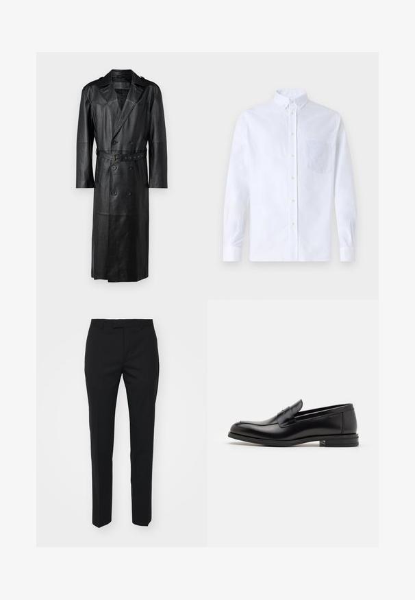 Manteau trench en cuir noir avec un design croisé, taille ceinturée et épaulettes. Texture lisse et longueur genoux.; Chemise blanche à manches longues avec boutons en coton, présentant une poche poitrine avec broderie ton sur ton, un col et des poignets boutonnés.; Pantalon noir avec une coupe droite, fabriqué dans un tissu lisse. Comprend des plis avant, des poches passepoilées et une taille plate.; Mocassins en cuir noir avec une texture lisse, bout rond et une sangle décorative sur le dessus. Talon bas empilé, design minimaliste.