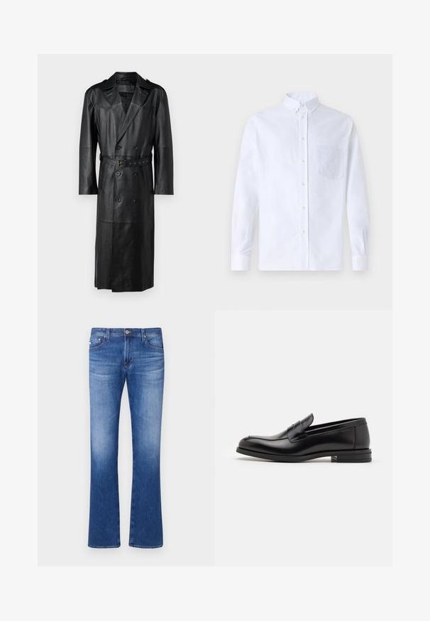Crni kožni kaput do koljena s dvostrukim kopčanjem, remenom u struku i epauletima na ramenima. Glatka tekstura.; Bijela košulja s dugim rukavima na dugme, izrađena od pamuka, s džepom na prsima s ton-sur-ton vezom, ovratnikom i dugmadi na manžetama.; Izblijedjeli plavi traper hlače s proširenim nogavicama, s pet džepova, zatvaranjem na patentni zatvarač i metalnim gumbom. Glatka tekstura i čista obruba.; Crni kožni mokasini s glatkom teksturom, zaobljenim prstima i ukrasnom trakom preko prednjeg dijela. Niski slojeviti potplat, minimalistički dizajn.