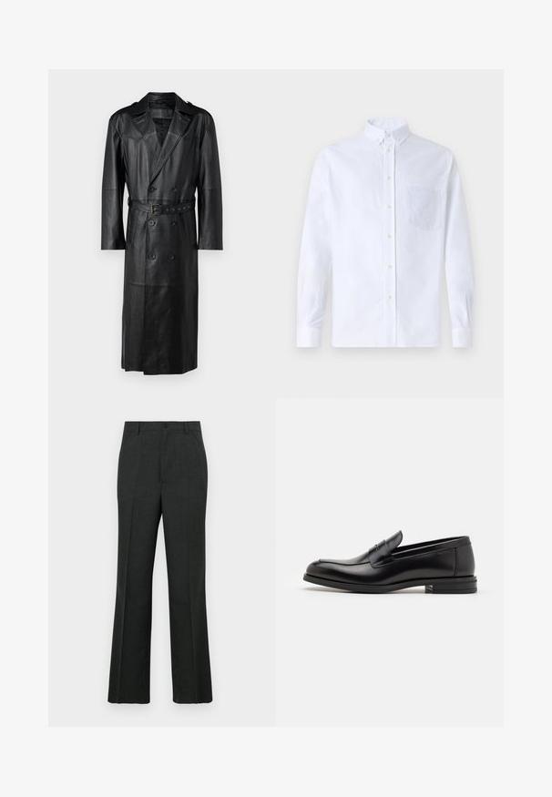 Zwarte leren trenchcoat met een dubbelzijdig ontwerp, ceintuur in de taille en schouderepauletten. Glad textuur en knielengte.; Witte lange mouwen overhemd van katoen, met een borstzak met tonale borduring, een kraag en knopenmanchetten.; Donkergrijze op maat gemaakte broek met een rechte snit, voorzien van een knoopsluiting, voorkruimelzakken en een subtiele textuur in de stof.; Zwarte leren instappers met een gladde textuur, ronde neus en een decoratieve band over de wreef. Lage, gestapelde hak en minimalistisch ontwerp.