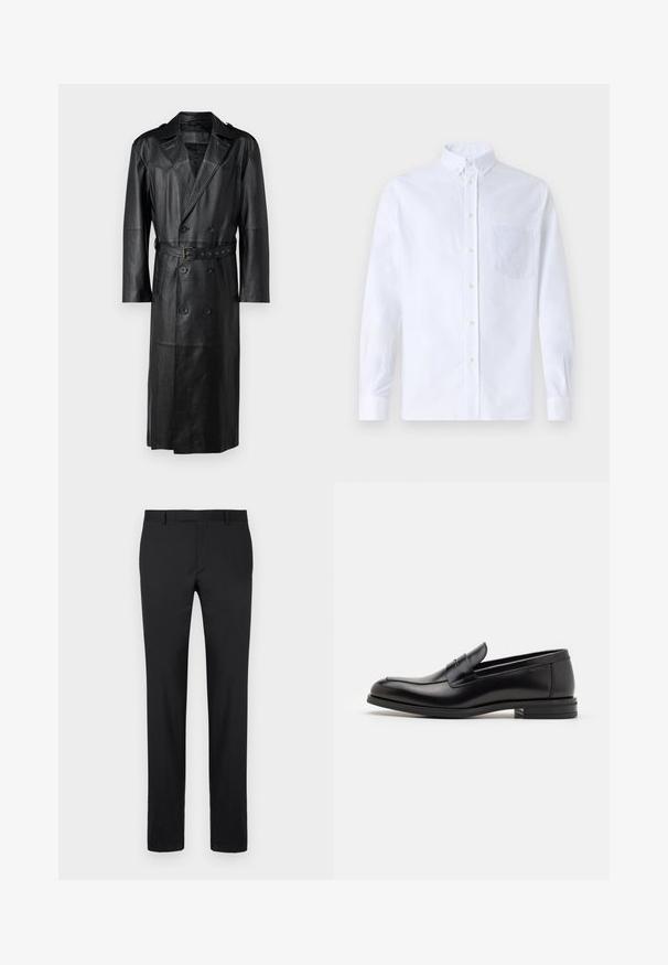 Zwarte leren trenchcoat met een dubbelzijdig ontwerp, ceintuur in de taille en schouderepauletten. Glad textuur en knielengte.; Witte lange mouwen overhemd van katoen, met een borstzak met tonale borduring, een kraag en knopenmanchetten.; Zwarte broeken met een op maat gemaakte ontwerp, rechte pijpen, standaard riemlussen en een gladde textuur. Geen zichtbare patronen of hardware.; Zwarte leren instappers met een gladde textuur, ronde neus en een decoratieve band over de wreef. Lage, gestapelde hak en minimalistisch ontwerp.
