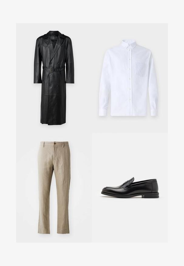 Melna ādas tranču mēteles ar dubulto pogu dizainu, jostu pievidū un plecu epauletēm. Gluda tekstūra un ceļgala garums.; Balts garo piedurknēm krekliņš ar pogām, izgatavots no kokvilnas, ar krūšu kabatu ar tonālu izšuvumu, apkakli un pogām pie piedurknēm.; Bēšīgas linu bikses ar taisnu griezumu, ar priekšējo pogu aizdari un gludu tekstūru. Nav redzamu rakstu vai akcentu.; Melnas ādas kurpes ar gludu tekstūru, noapaļu purngalu un dekoratīvu siksniņu pāri priekšpusei. Zems sakrauts papēdis, minimālisma dizains.