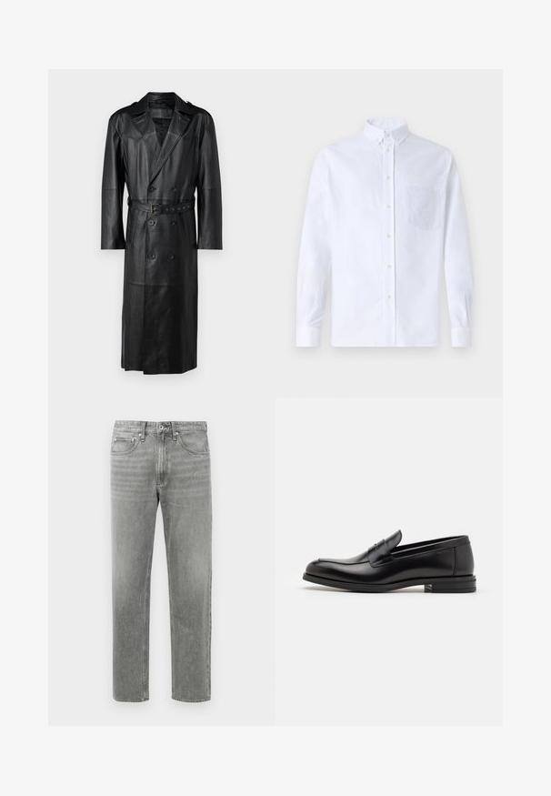 Čierny kožený trenčkot s dvojradovým zapínaním, opaskom v páse a ramennými vycpávkami. Hladká textura a dĺžka po kolená.; Biely dlhý rukáv košeľa s gombíkmi vyrobená z bavlny, s náprsného vrecka s tonálnou výšivkou, golierom a gombíkovými manžetami.; Sivé denimové nohavice so strihom rovného nohavicu, s klasickým dizajnom piatich vreciek a jemným blednutím pre textúru. Štandardné zapínanie na zips.; Čierne kožené mokasíny s hladkou textúrou, zaoblenou špičkou a dekoračným pásikom cez priehlavok. Nízky vrstvený opätok, minimalistický dizajn.