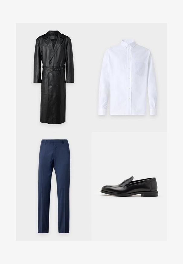 Zwarte leren trenchcoat met een dubbelzijdig ontwerp, ceintuur in de taille en schouderepauletten. Glad textuur en knielengte.; Witte lange mouwen overhemd van katoen, met een borstzak met tonale borduring, een kraag en knopenmanchetten.; Mannen navy blauwe op maat gemaakte colbertbroeken met riemlussen en een sluiting aan de voorkant, gepresenteerd tegen een witte achtergrond.; Zwarte leren instappers met een gladde textuur, ronde neus en een decoratieve band over de wreef. Lage, gestapelde hak en minimalistisch ontwerp.