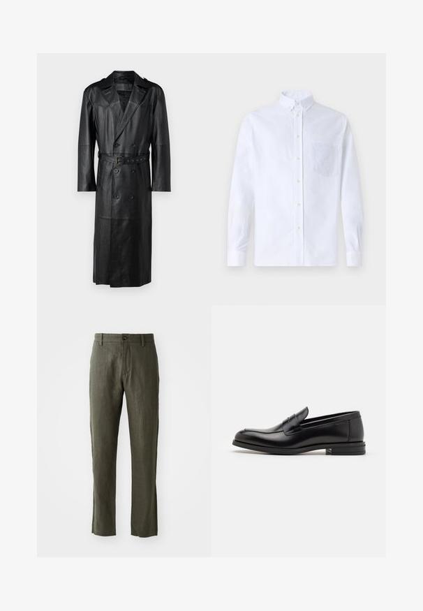 Melna ādas tranču mēteles ar dubulto pogu dizainu, jostu pievidū un plecu epauletēm. Gluda tekstūra un ceļgala garums.; Balts garo piedurknēm krekliņš ar pogām, izgatavots no kokvilnas, ar krūšu kabatu ar tonālu izšuvumu, apkakli un pogām pie piedurknēm.; Oližu zaudēts lina bikses ar taisnu piegriezumu, kas aprīkotas ar priekšējo pogu aizdari un sānu kabatām. Audumam ir teksturēta virsma.; Melnas ādas kurpes ar gludu tekstūru, noapaļu purngalu un dekoratīvu siksniņu pāri priekšpusei. Zems sakrauts papēdis, minimālisma dizains.