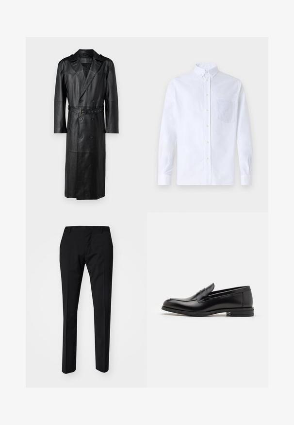 Black leather trench coat with a double-breasted design, belted waist, and shoulder epaulettes. Smooth texture and knee-length.; White long-sleeve button-up shirt made of cotton, featuring a chest pocket with tonal embroidery, a collar, and button cuffs.; Black trousers with a slim fit, featuring a flat front, belt loops, and no visible pockets. Smooth texture and clean lines.; Black leather loafers with a smooth texture, rounded toe, and a decorative strap across the vamp. Low stacked heel, minimalist design.