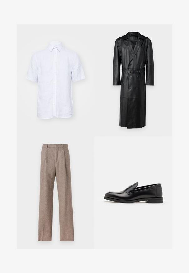 Zwarte leren trenchcoat met een dubbelzijdig ontwerp, ceintuur in de taille en schouderepauletten. Glad textuur en knielengte.; Tiger of Sweden SPENSER - Overhemd - tinted white; Bruine, hooggewaisted broeken van een gestructureerde stof. Heeft wijde benen en twee voorplooien voor extra structuur. Net afgewerkt zonder zichtbare hardware.; Zwarte leren instappers met een gladde textuur, ronde neus en een decoratieve band over de wreef. Lage, gestapelde hak en minimalistisch ontwerp.