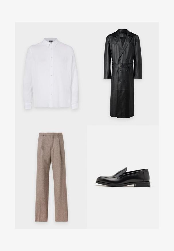 Zwarte leren trenchcoat met een dubbelzijdig ontwerp, ceintuur in de taille en schouderepauletten. Glad textuur en knielengte.; Witte lange mouwen overhemd met knopen van linnen stof, met een kraag, voorzien van een rechte snit en zichtbare knopen aan de voorkant.; Bruine, hooggewaisted broeken van een gestructureerde stof. Heeft wijde benen en twee voorplooien voor extra structuur. Net afgewerkt zonder zichtbare hardware.; Zwarte leren instappers met een gladde textuur, ronde neus en een decoratieve band over de wreef. Lage, gestapelde hak en minimalistisch ontwerp.