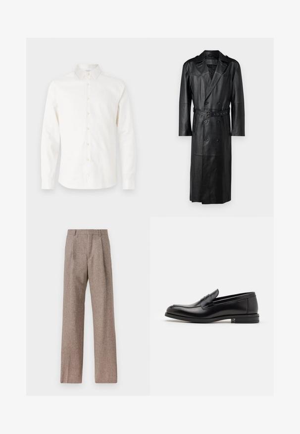 Czarny skórzany płaszcz trench z podwójnym zapięciem, z paskiem w talii i naszywkami na ramionach. Gładka tekstura i długość do kolan.; Tiger of Sweden FILBRODIE beżowy; Brązowe, wysokiej talii spodnie wykonane z teksturowanej tkaniny. Posiadają szerokie nogawki i dwa przednie zakładki dla lepszej struktury. Starannie wykończone, bez widocznych elementów metalowych.; Czarne skórzane mokasyny o gładkiej fakturze, zaokrąglonym nosku i dekoracyjnym pasku na przodzie. Niski, warstwowy obcas, minimalistyczny design.