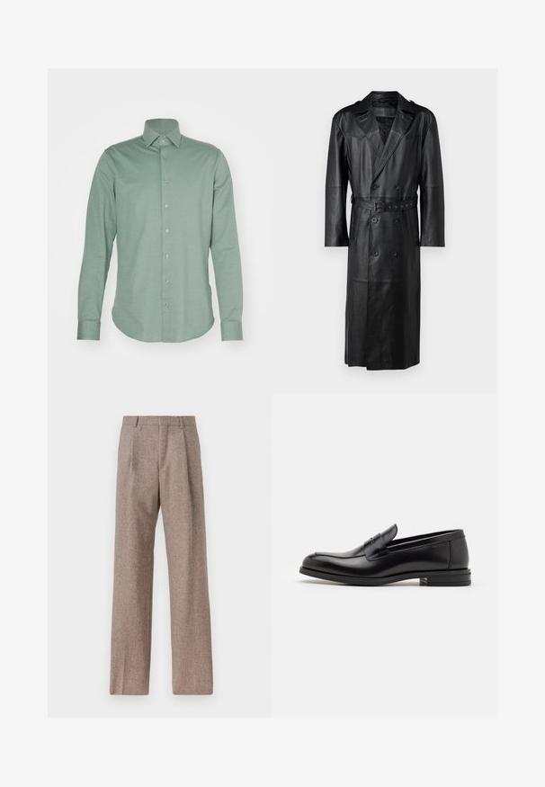 Sort læder trenchcoat med dobbeltbrystet design, bælte i taljen og skulderepauleter. Glat tekstur og knælang.; Lys grøn langærmet skjorte med knaplukning lavet af et glat stof. Har en klassisk krave og knaplukning med syv synlige knapper.; Brune, højtaljede bukser lavet af tekstureret stof. Har brede ben og to frontfoldninger for struktur. Pæn finish uden synlig hardware.; Sorte læderloafers med en glat overflade, rund tå og en dekorativ strop over vampen. Lav hæl med stabeldesign, minimalistisk stil.