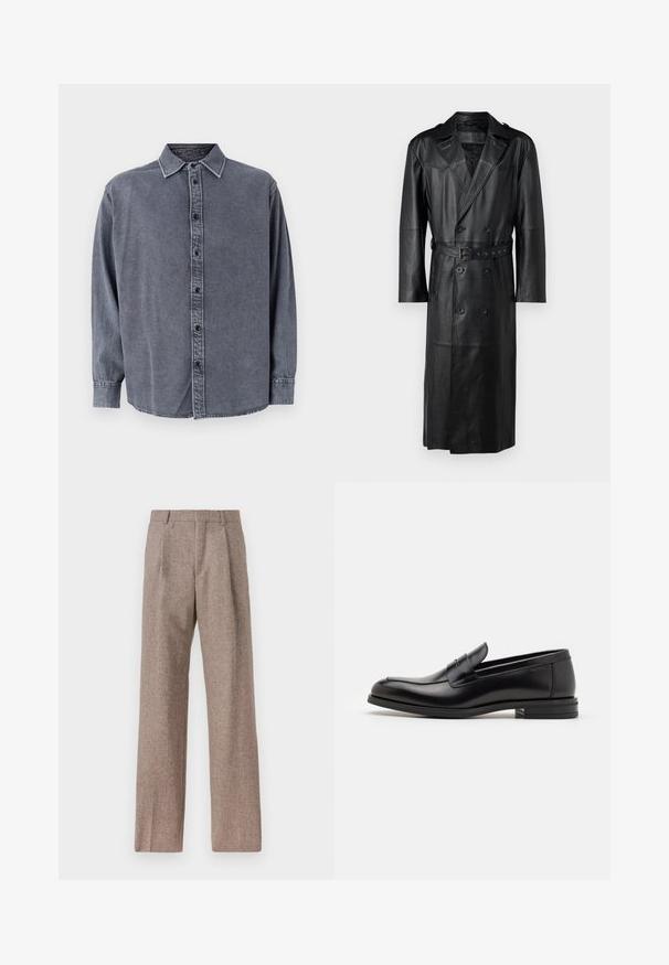 Schwarzer Leder-Trenchcoat mit einem doppelt knöpfbaren Design, tailliertem Gürtel und Schulterklappen. Glatte Textur und knielang.; Grau Denim-Hemd mit langen Ärmeln, Knopfverschluss, kragenlosen Ausschnitt und einem leicht geschwungenen Saum. Verfügt über eine weiche Textur und subtile Ausbleichungen.; Braune, hochtaillierte Hose aus strukturiertem Stoff. Mit weitem Bein und zwei vorderen Bügelfalten für zusätzliche Form. Saubere Verarbeitung ohne sichtbare Hardware.; Schwarze Lederloafers mit glatter Textur, rundem Zehenbereich und einem dekorativen Riemen über dem Vorderfuß. Niedriger, gestapelter Absatz, minimalistisches Design.