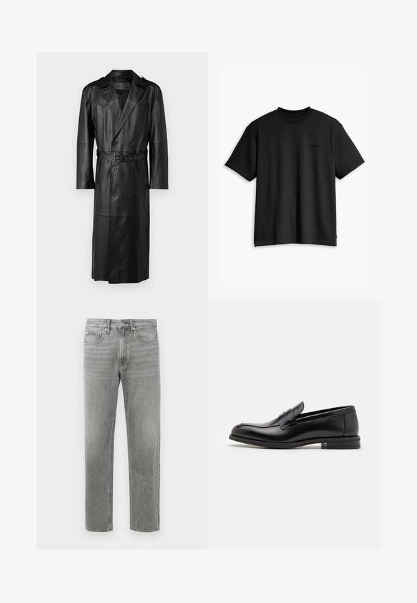 Juodas odinis ilgas paltas su dvigubu įdėklu, diržo juosmens ir petiniais. Lygus paviršius ir iki kelių.; Juodas medvilnės marškinėliai su apvaliu kaklu ir trumpomis rankovėmis. Su subtiliu priekyje esančiu logotipu ir tiesia apatine dalimi. Paprastas ir minimalistiškas dizainas.; Pilki džinsai su tiesiu sijonu, su klasikiniu penkių kišenių dizainu ir subtiliu nusidėvėjimu tekstūrai. Standartinis užtrauktuko uždarymas.; Juodos odinės loafers, turinčios lygų paviršių, apvalią noselę ir dekoratyvinę juostą per priekinę dalį. Žemas krentantis kulnas, minimalistinis dizainas.