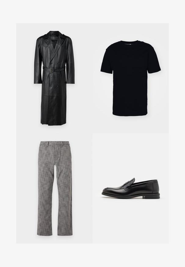 Black leather trench coat with a double-breasted design, belted waist, and shoulder epaulettes. Smooth texture and knee-length.; Black short-sleeve t-shirt made from cotton. Features a round neckline and a classic fit. No visible patterns or hardware accents.; Gray patterned trousers with a straight-leg design. Made from a textured fabric, featuring a front clasp and side pockets.; Black leather loafers with a smooth texture, rounded toe, and a decorative strap across the vamp. Low stacked heel, minimalist design.