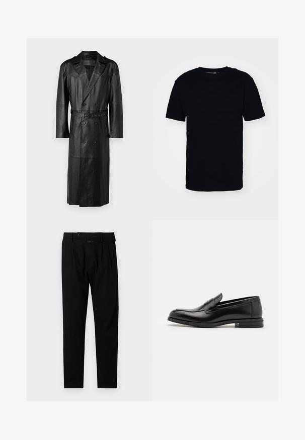 Cappotto trench in pelle nera con design doppiopetto, vita con cintura e spalline. Texture liscia e lunghezza al ginocchio.; T-shirt nera a maniche corte realizzata in cotone. Presenta un colletto rotondo e una vestibilità classica. Nessun motivo visibile o dettagli in metallo.; Pantaloni neri con una vestibilità sartoriale, caratterizzati da un frontale piatto, pieghe singole e chiusura con bottone. Realizzati in tessuto liscio, adatti per abbigliamento formale.; Mocassini neri in pelle con una texture liscia, punta arrotondata e una striscia decorativa sulla tomaia. Tacco basso impilato, design minimalista.