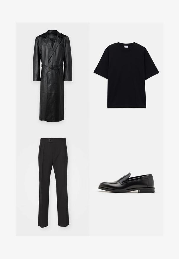 Schwarzer Leder-Trenchcoat mit einem doppelt knöpfbaren Design, tailliertem Gürtel und Schulterklappen. Glatte Textur und knielang.; Schwarzes, oversized T-Shirt mit kurzen Ärmeln und rundem Ausschnitt, mit sichtbarem Filippa K Markenlabel im Kragen.; Schwarze maßgeschneiderte Hose mit geradem Bein, zwei Fronttaschen und einer doppelten Knopfverschluss an der Taille. Glatte Stoffoberfläche.; Schwarze Lederloafers mit glatter Textur, rundem Zehenbereich und einem dekorativen Riemen über dem Vorderfuß. Niedriger, gestapelter Absatz, minimalistisches Design.
