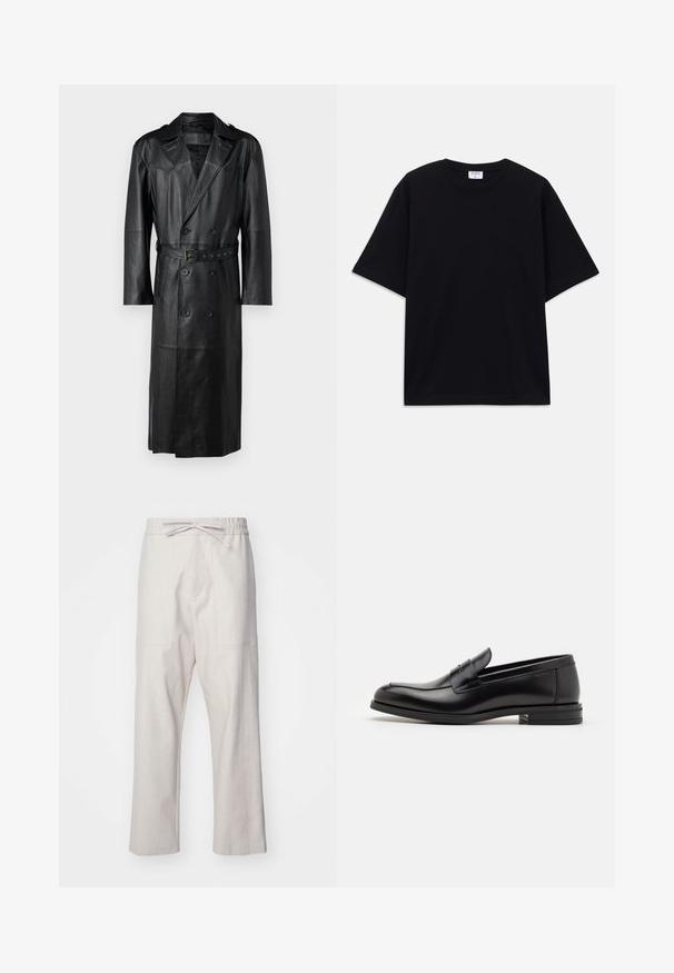 Manteau trench en cuir noir avec un design croisé, taille ceinturée et épaulettes. Texture lisse et longueur genoux.; T-shirt noir à manches courtes oversize avec un col rond et une étiquette de marque Filippa K visible à l'intérieur du col.; Pantalons en lin de couleur beige clair, avec une taille élastique dotée d'un cordon de serrage et deux poches avant. Design à jambes droites.; Mocassins en cuir noir avec une texture lisse, bout rond et une sangle décorative sur le dessus. Talon bas empilé, design minimaliste.
